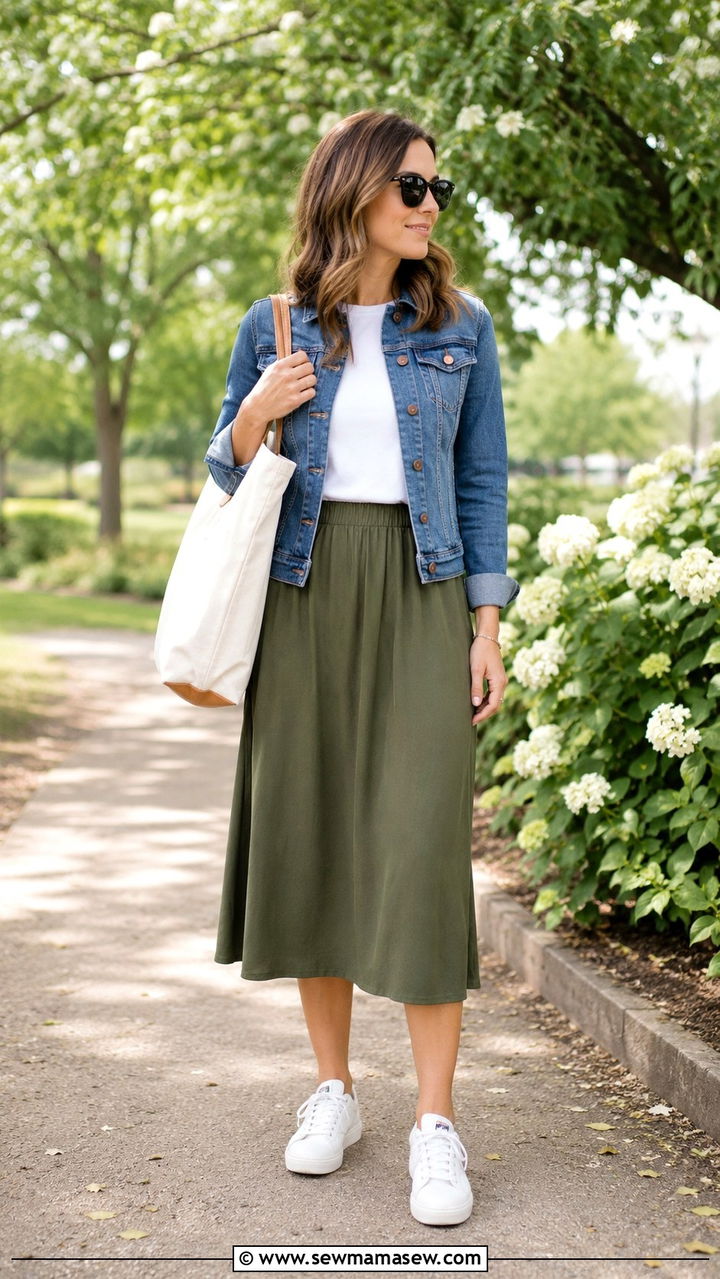 Denim Jacket with a Midi Skirt and White Sneakers - 30 classy outfits for moms