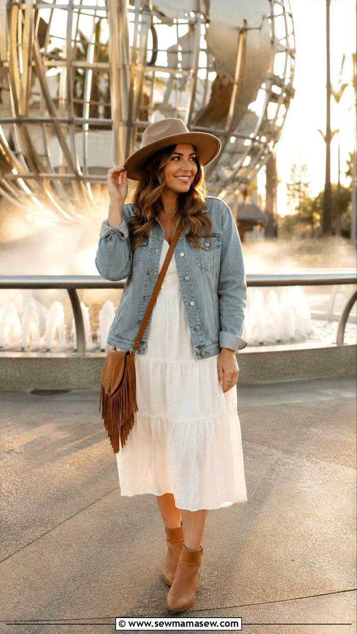 Denim Jacket with a White Midi Dress and Ankle Boots - 30 Universal Studios Hollywood outfit ideas