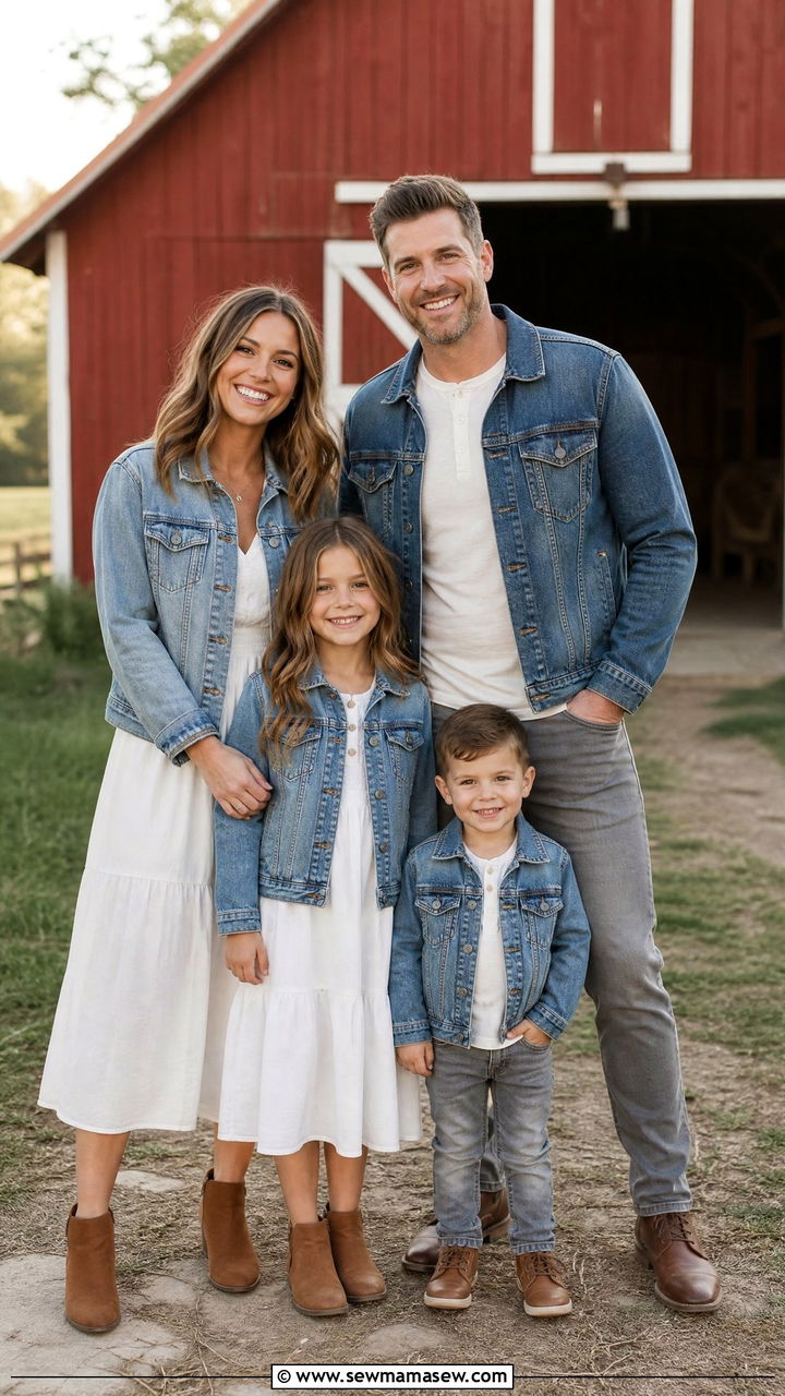 Denim Jackets and Cotton Dresses for a Rustic Farm Setting - 30 Family photoshoot outfit ideas