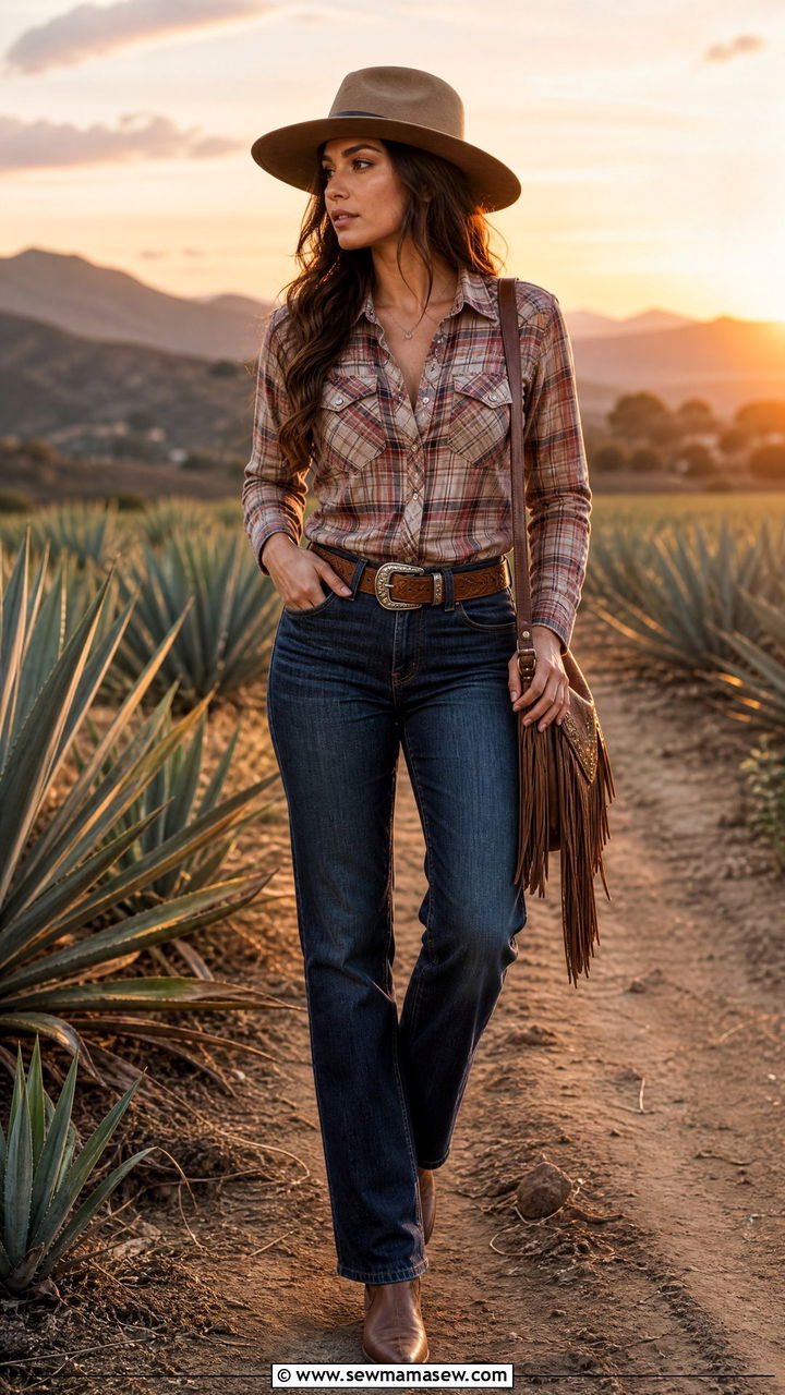 Denim Jeans With Plaid Shirt And Rancher Hat Mexico Countryside Look - 35 Mexico vacation outfits
