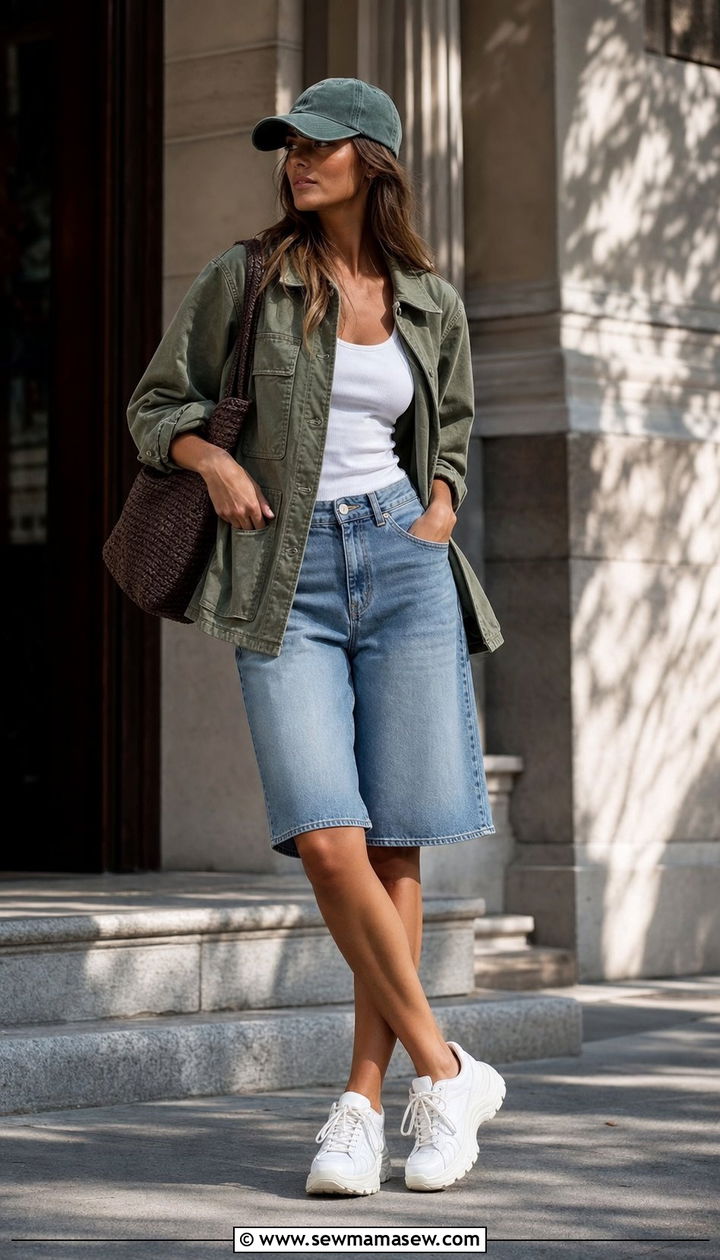 Denim Jorts Utility Jacket and Sneakers With a Baseball Cap - 25 classy model off duty outfit ideas