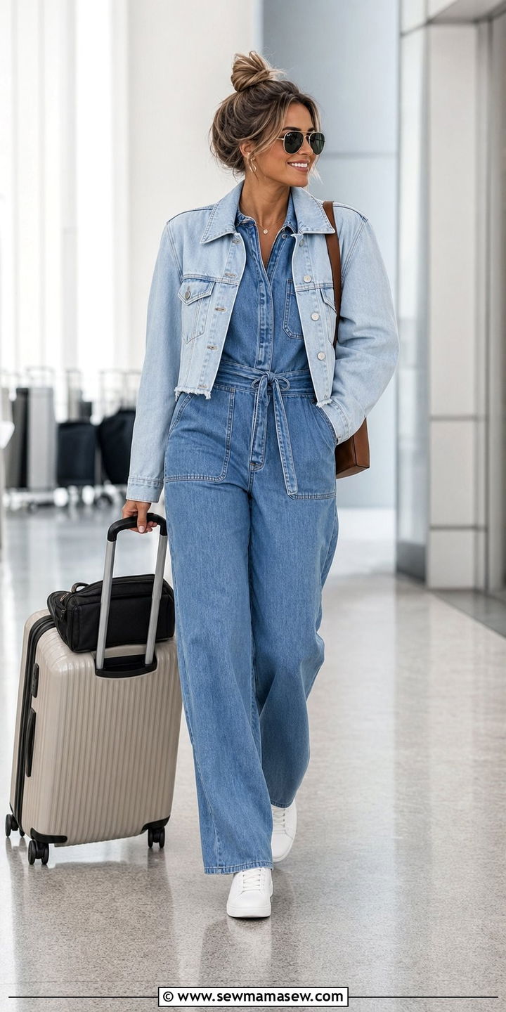 Denim Jumpsuit Layered With A Denim Jacket - 35 Canadian tuxedo outfit ideas