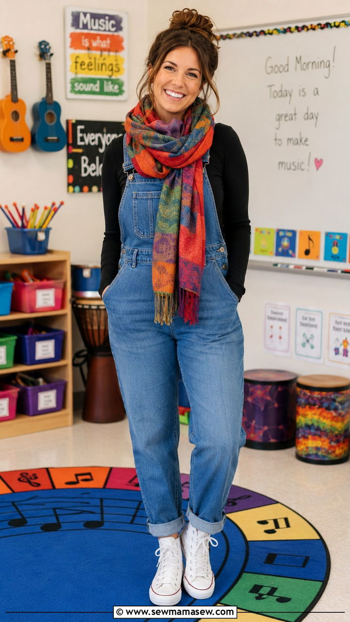 Denim Jumpsuit With Black Longsleeve - 30 Kindergarten teacher outfit ideas