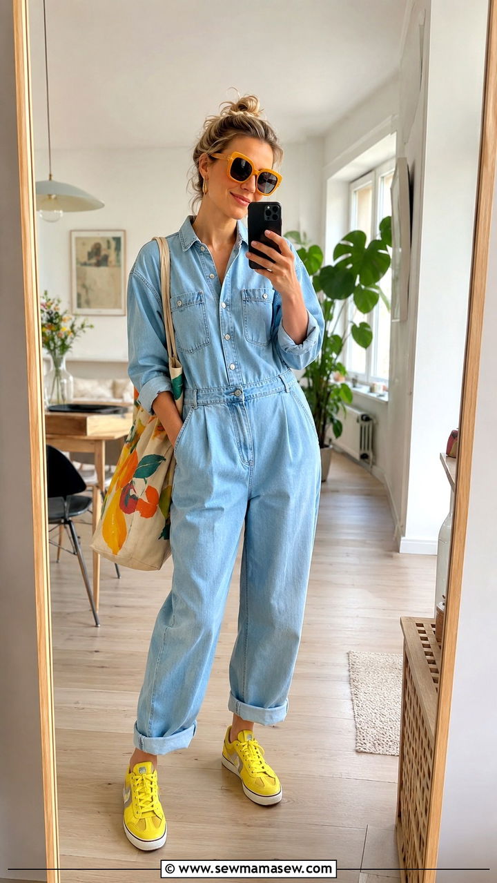 Denim Jumpsuit With Colorful Sneakers And Statement Sunglasses - 30 Danish outfit ideas