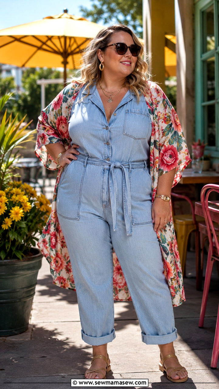 Denim Jumpsuit With Floral Kimono Layer - 30 Boho outfits for curvy women