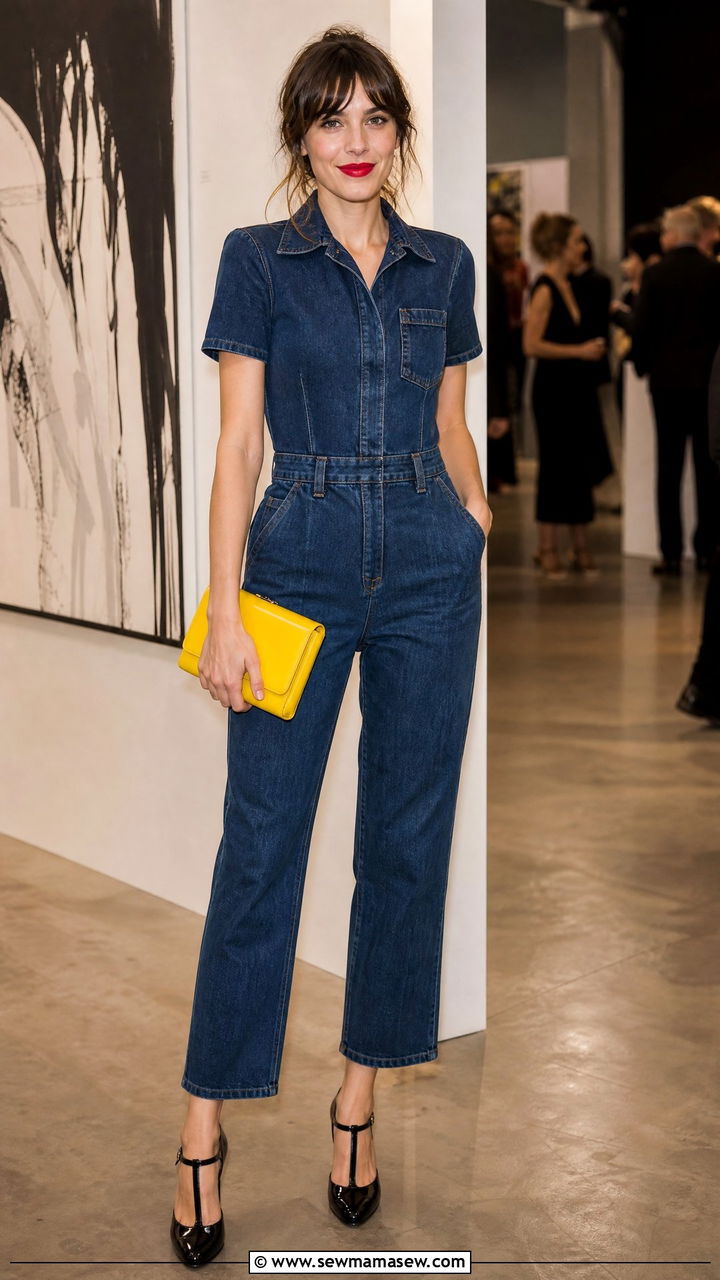 Denim Jumpsuit With Patent T Strap Heels and Bright Clutch - 25 Caroline de Maigret outfit ideas