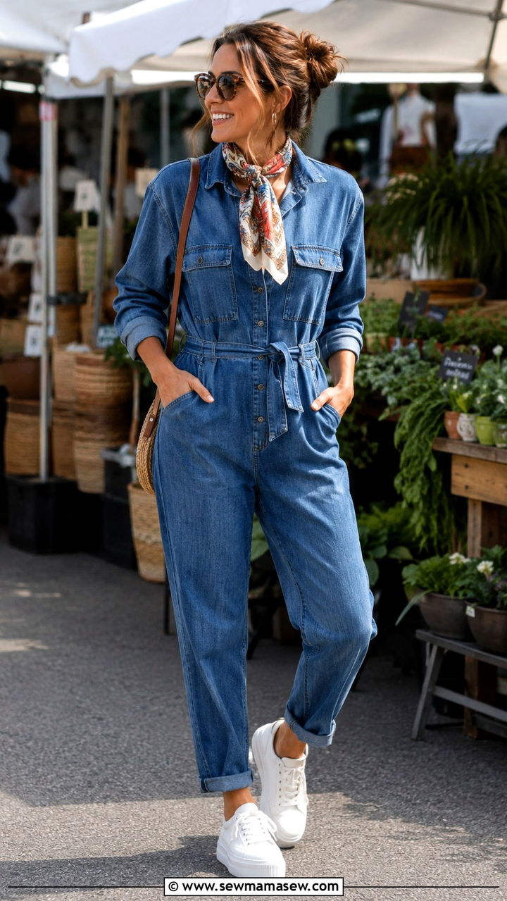 Denim Jumpsuit With Platform Sneakers - 30 sneaker outfits