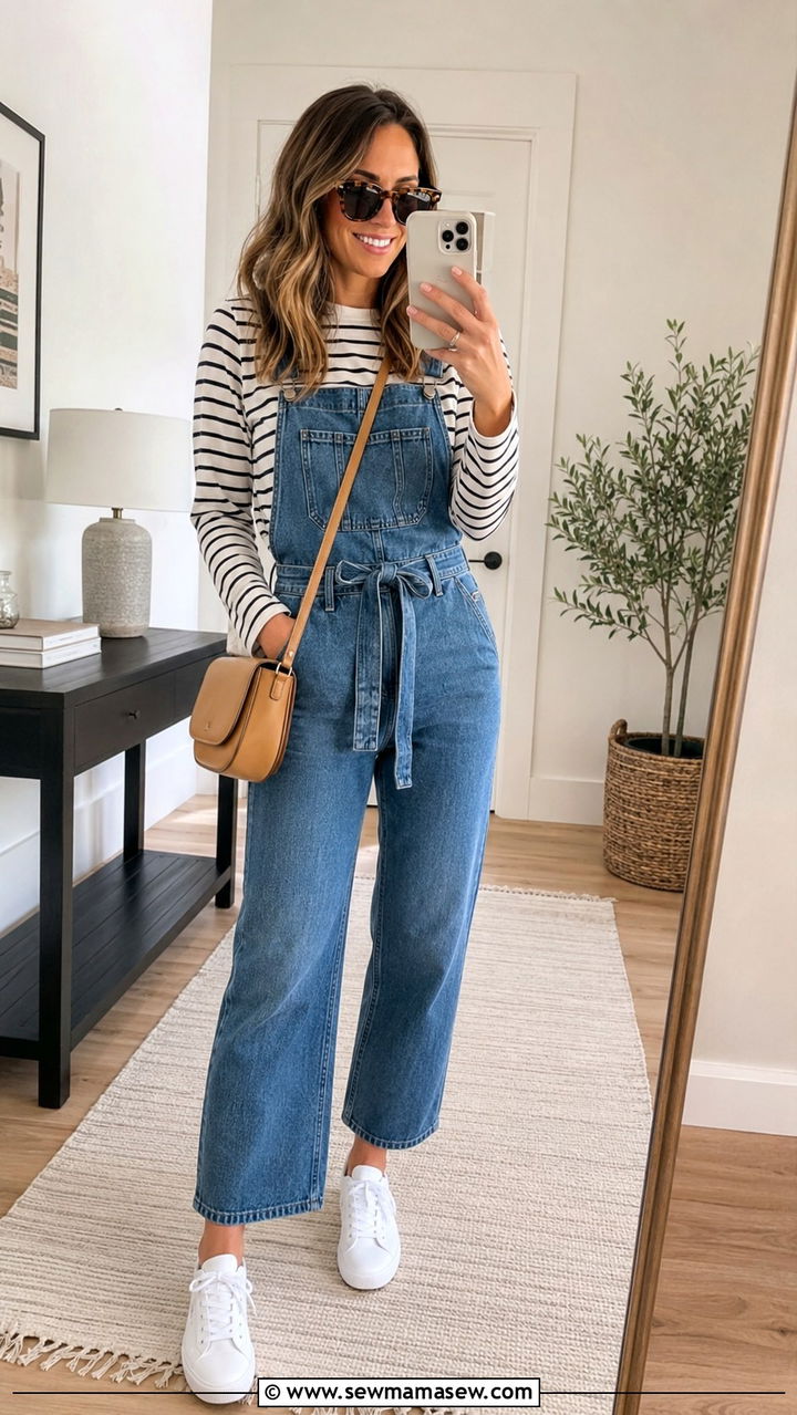 Denim Jumpsuit With Striped Tee - 30 How to style a jumpsuit in spring