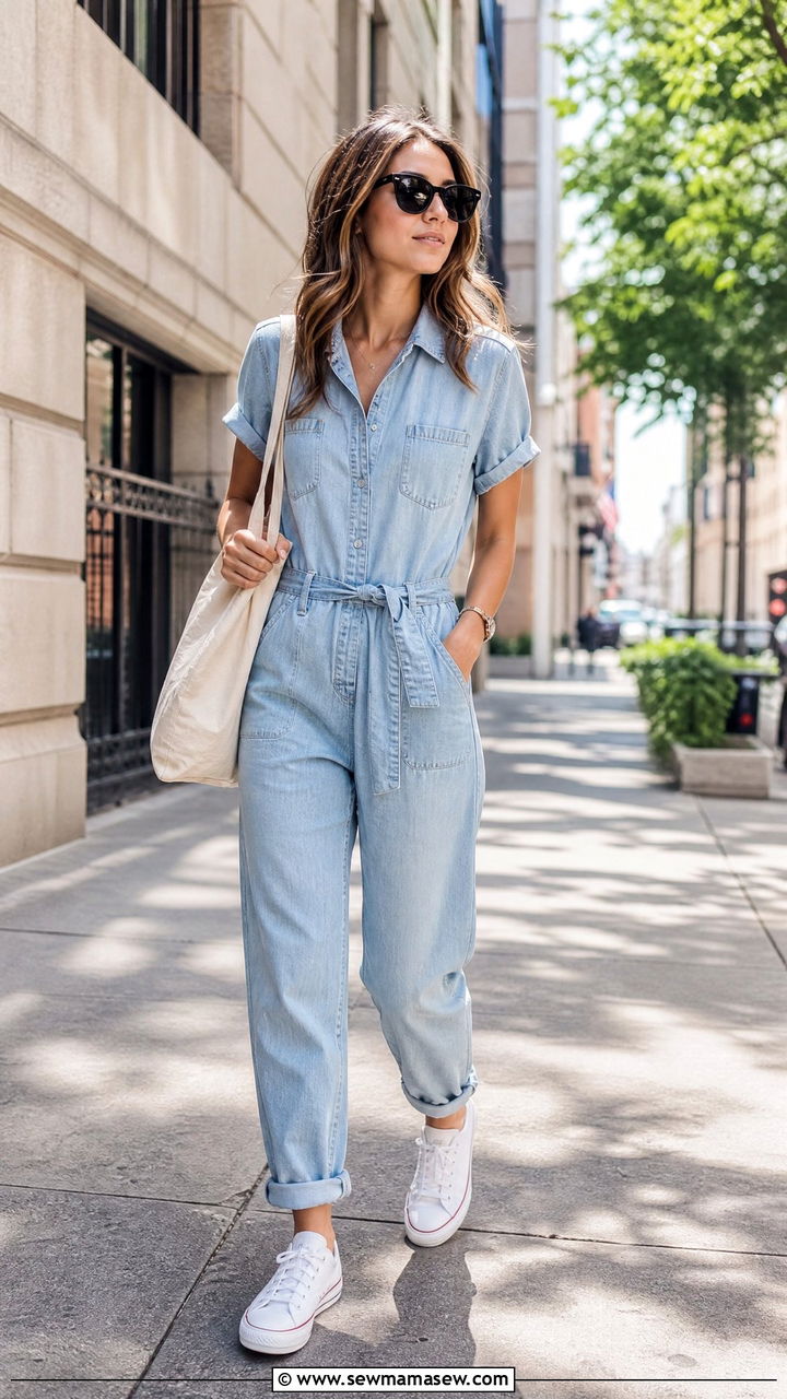 Denim Jumpsuit With White Sneakers Look - 25 Jumpsuit outfit ideas for summer