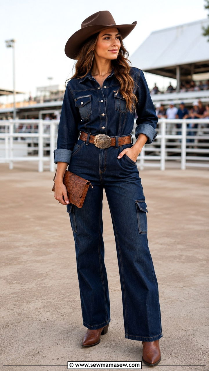 Denim Jumpsuit with Statement Belt Buckle - 25 Western outfit ideas for rodeo