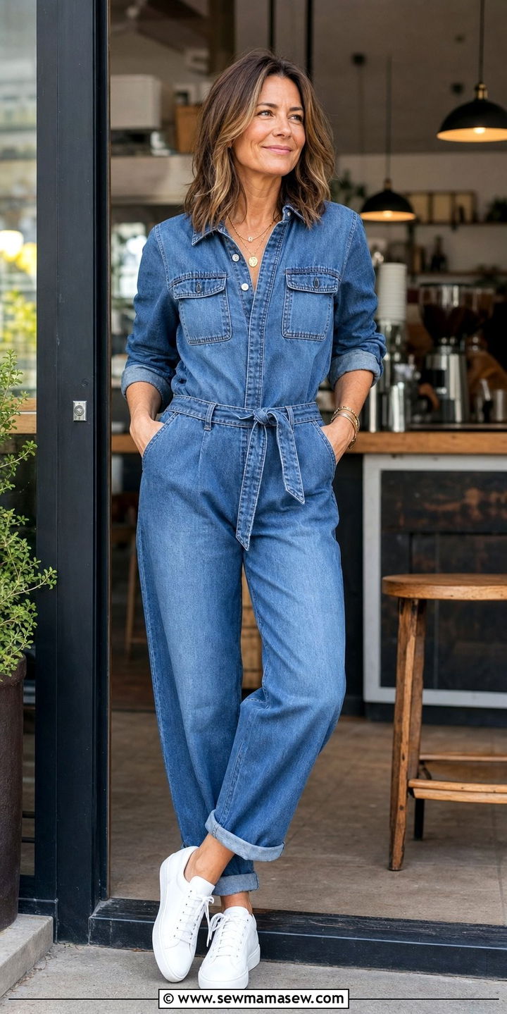 Denim Jumpsuit with White Sneakers - 25 Double denim outfit ideas over 40
