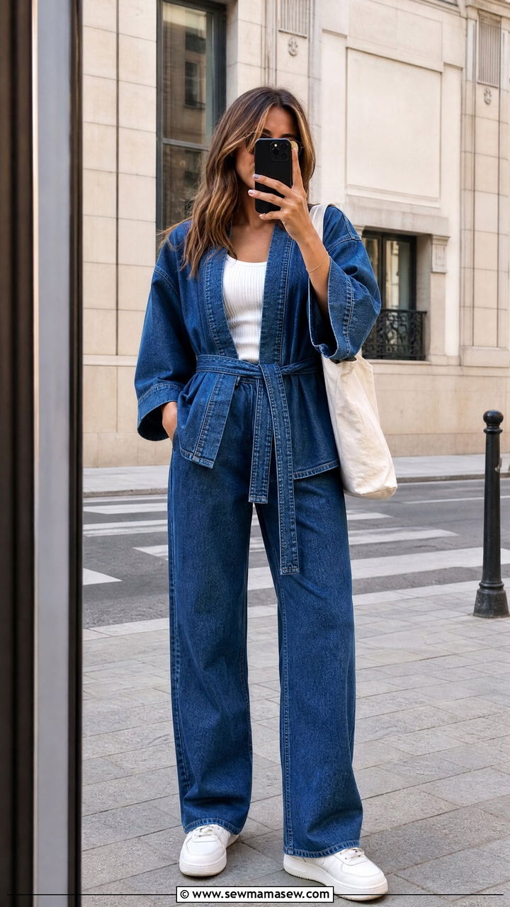 Denim Kimono Two Piece Set - 25 Kimono matching set outfit ideas