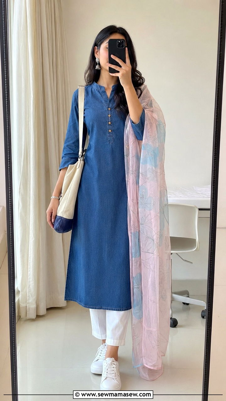 Denim Kurti With White Sneakers - 20 Modest outfit ideas for Pakistan