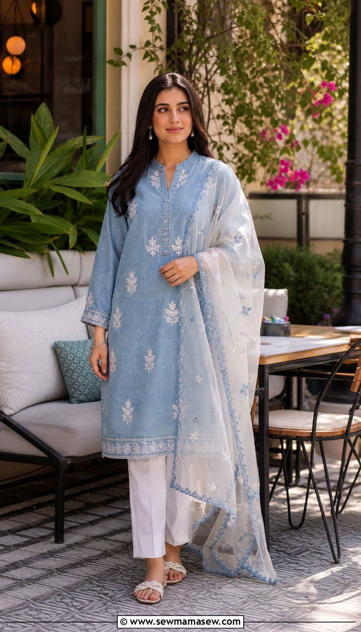 Denim Kurti with Trousers and Dupatta - 25 Eid outfit ideas Pakistani