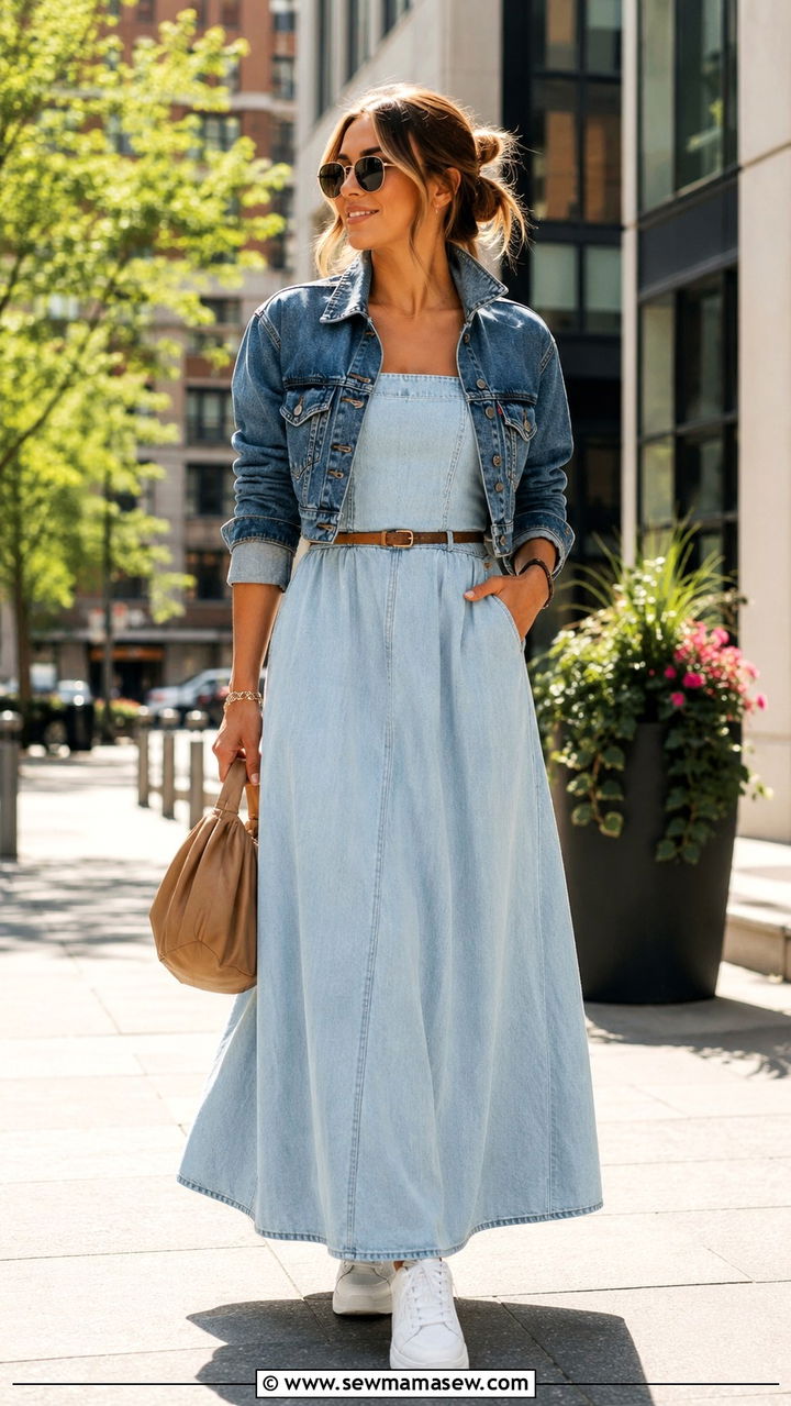 Denim Maxi Dress With Cropped Denim Jacket - 30 spring denim dress outfit ideas
