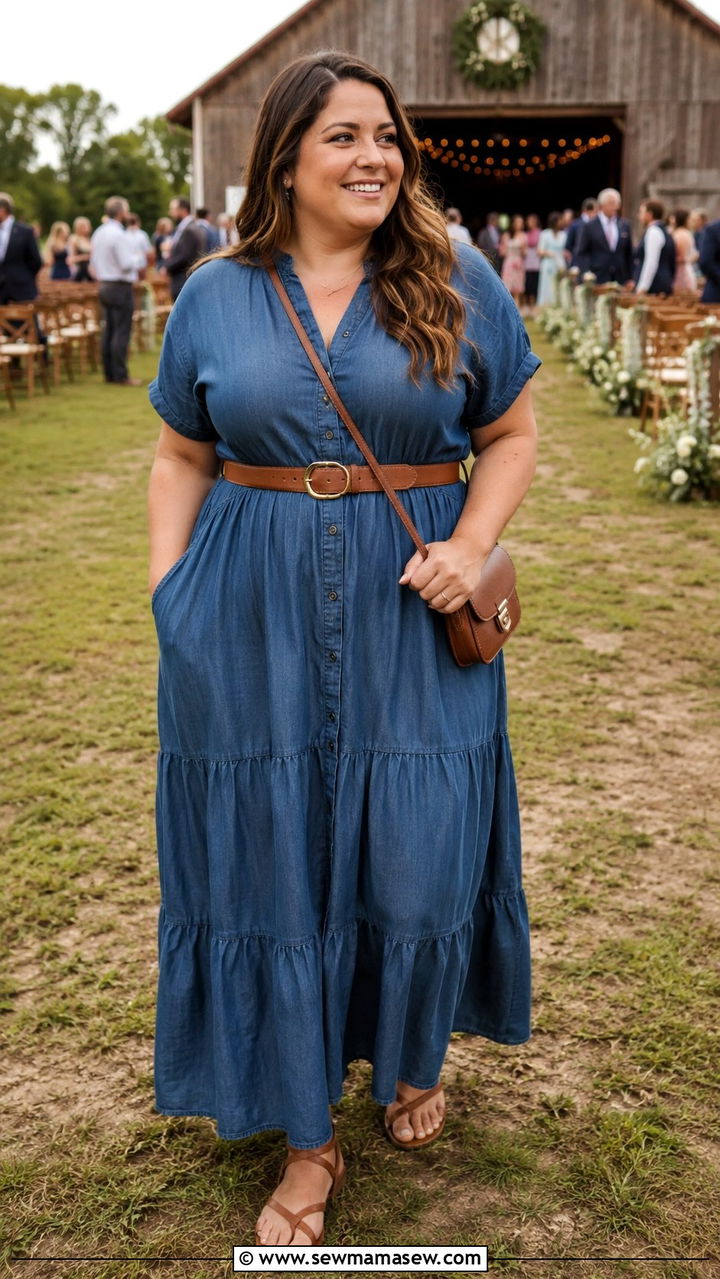 Denim Maxi Dress With Tan Accessories - 30 Plus size outfit ideas for wedding guest