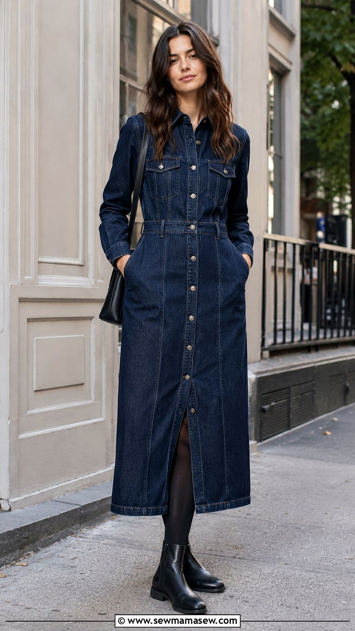 Denim Maxi Dress With Tights And Flat Ankle Boots - 30 Maxi dress outfit ideas with tights