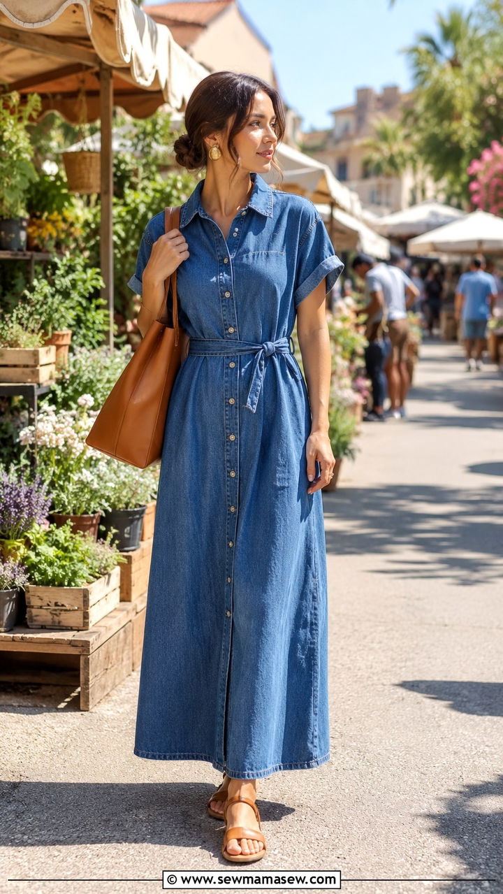 Denim Maxi Dress and Tan Strappy Sandals - 30 Modest outfit ideas clean girl