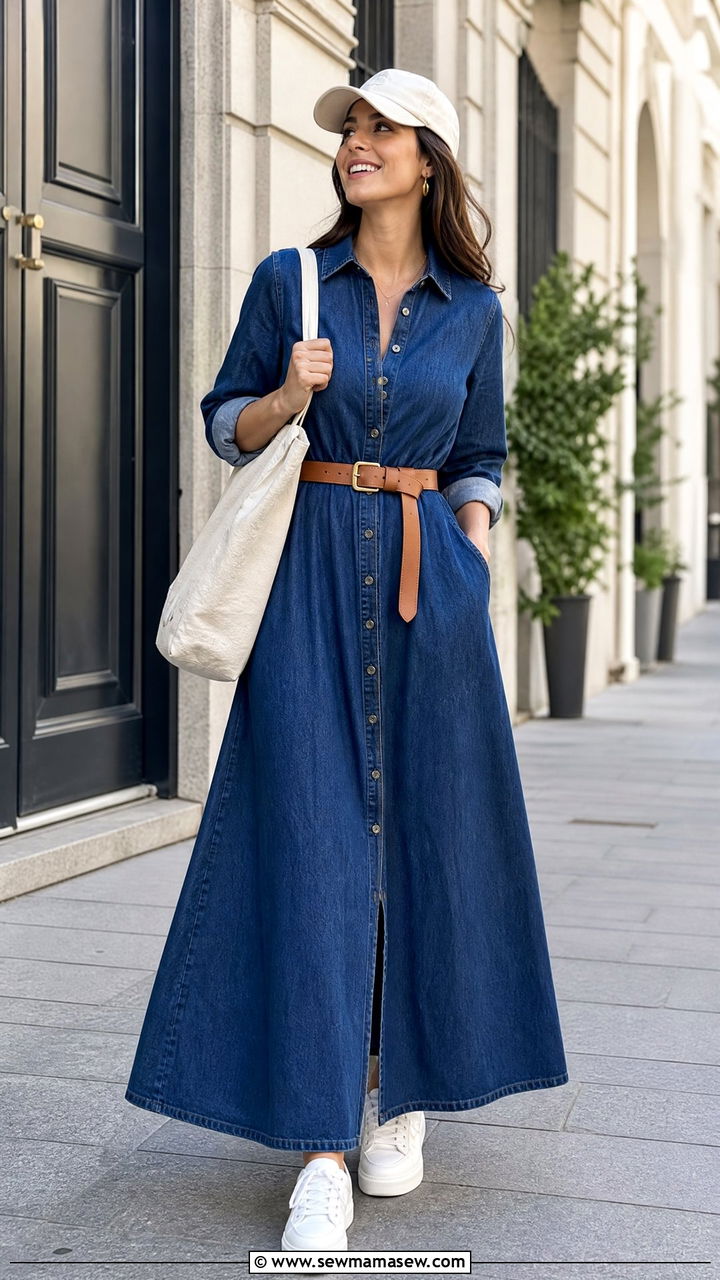 Denim Maxi Dress with Leather Belt and White Sneakers - 30 Maxi dress outfit ideas with a belt