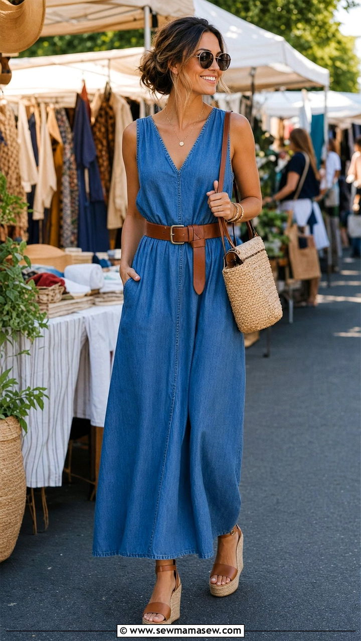 Denim Maxi Dress with Waist Cinching Belt and Wedges - 25 Early June outfit ideas
