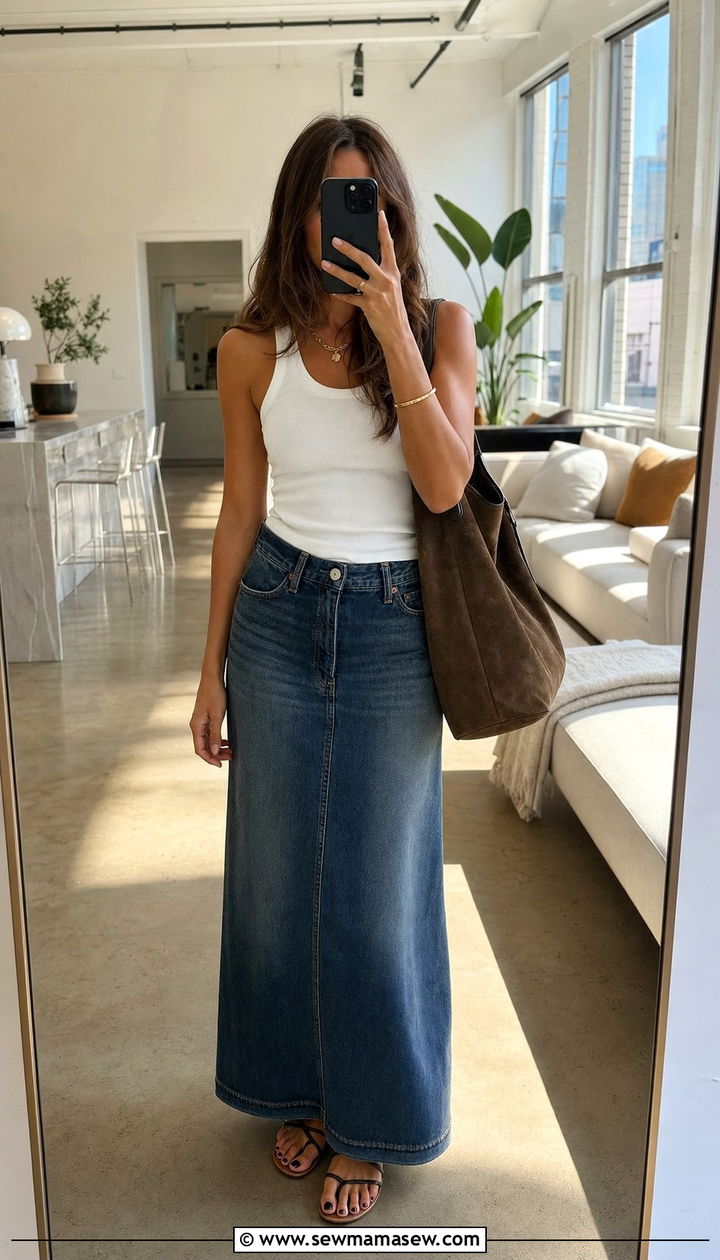 Denim Maxi Skirt And Fitted Tank Top - 25 spring to summer outfits trends