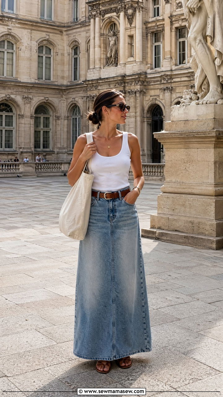 Denim Maxi Skirt And Tank Top - 35 European summer outfits