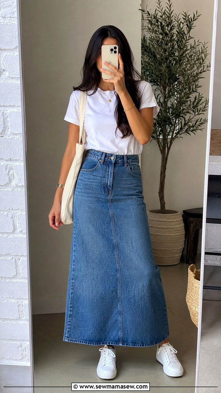 Denim Maxi Skirt Outfit - 30 Modest outfit ideas with long skirt
