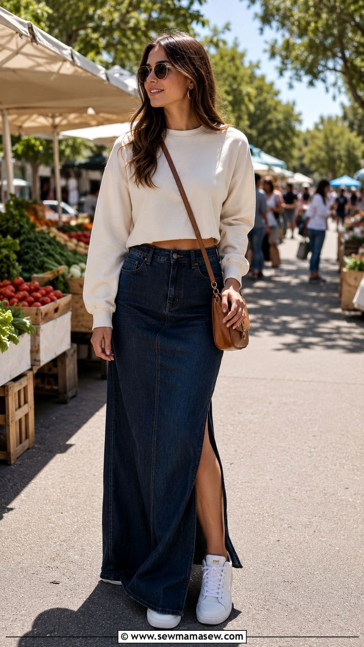 Denim Maxi Skirt Outfit With Cropped Sweatshirt And Sneakers - 30 Denim skirt outfit ideas with sneakers