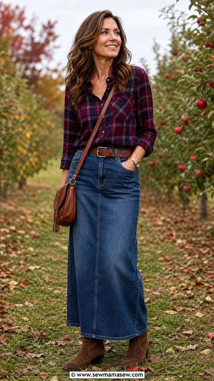 Denim Maxi Skirt Outfit With Flannel Shirt - 30 maxi skirt outfits for women over 40