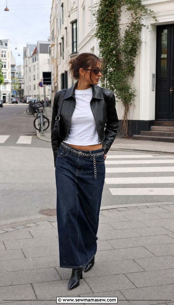 Denim Maxi Skirt With A Cropped Leather Jacket - 25 cute Copenhagen outfits