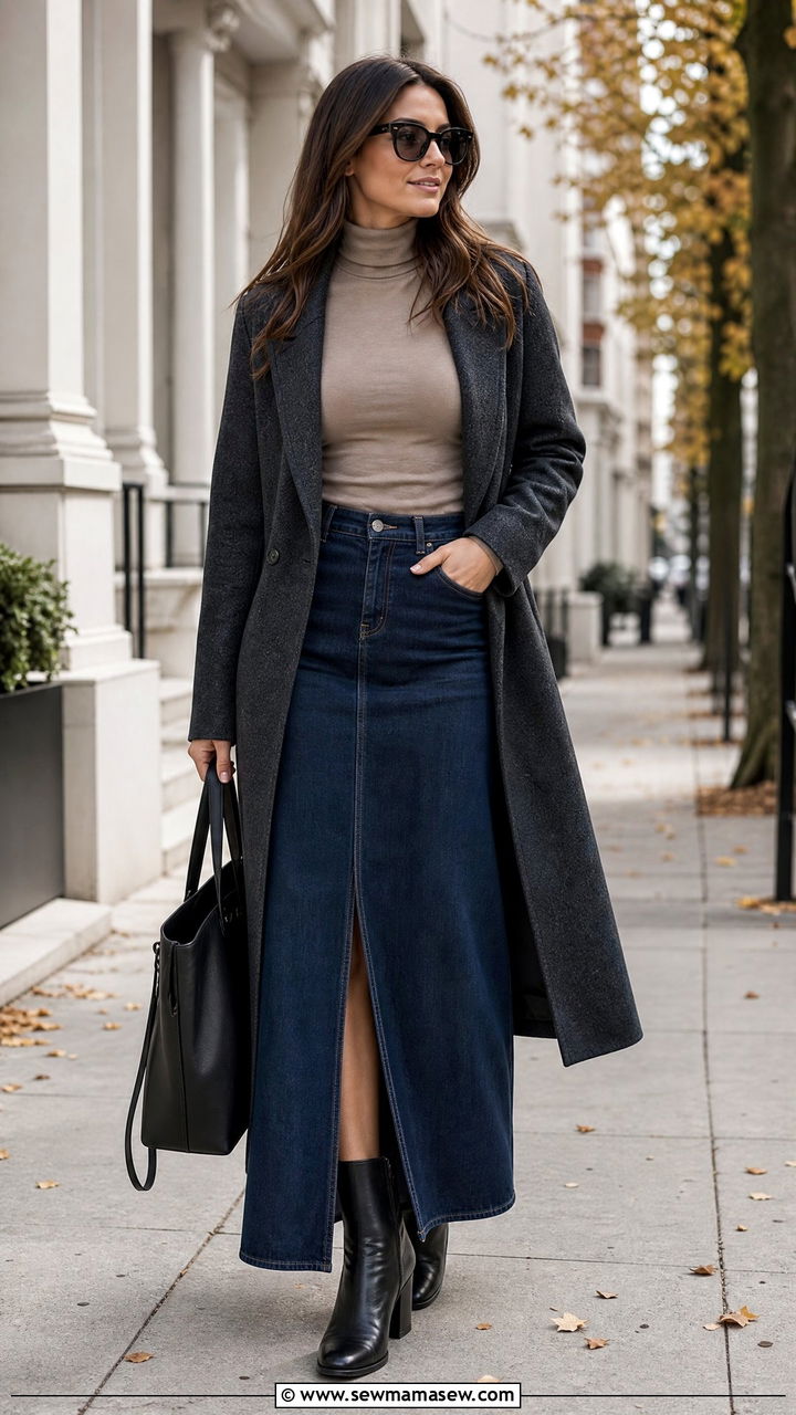 Denim Maxi Skirt With Ankle Boots Outfit - 25 how to style denim skirt