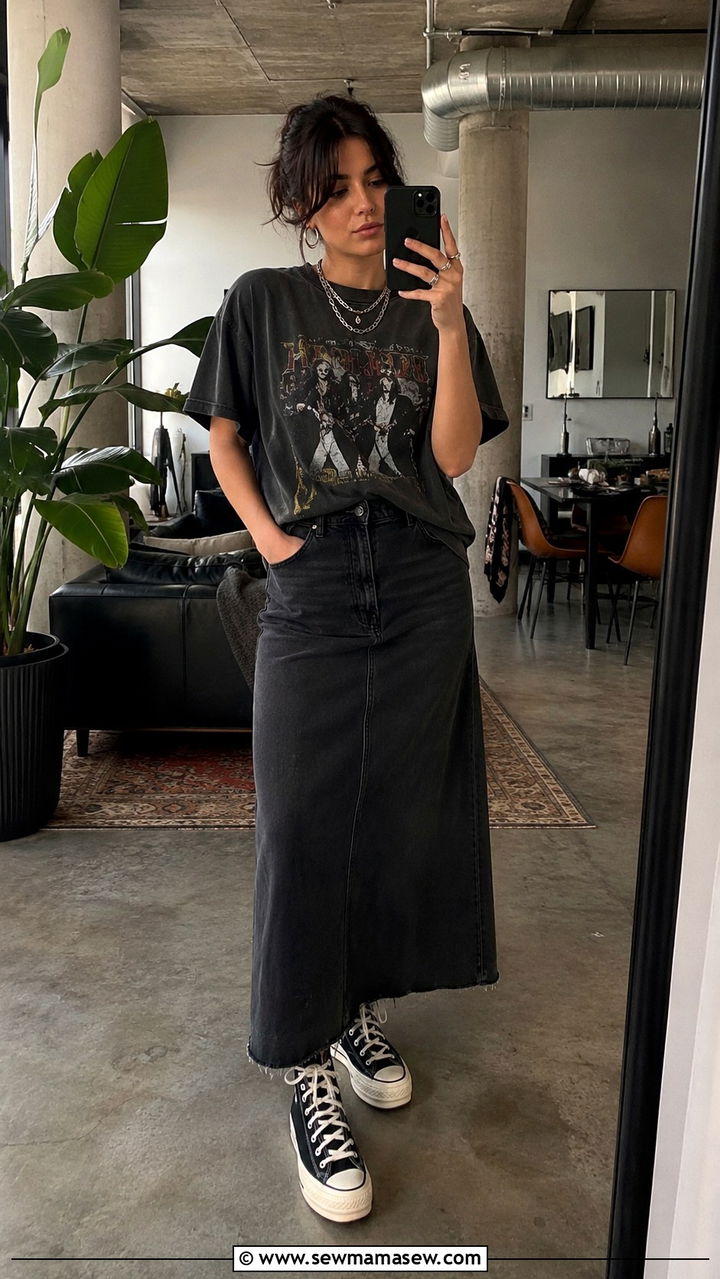 Denim Maxi Skirt With Band Tee And Platform Converse - 30 casual denim maxi skirt outfits
