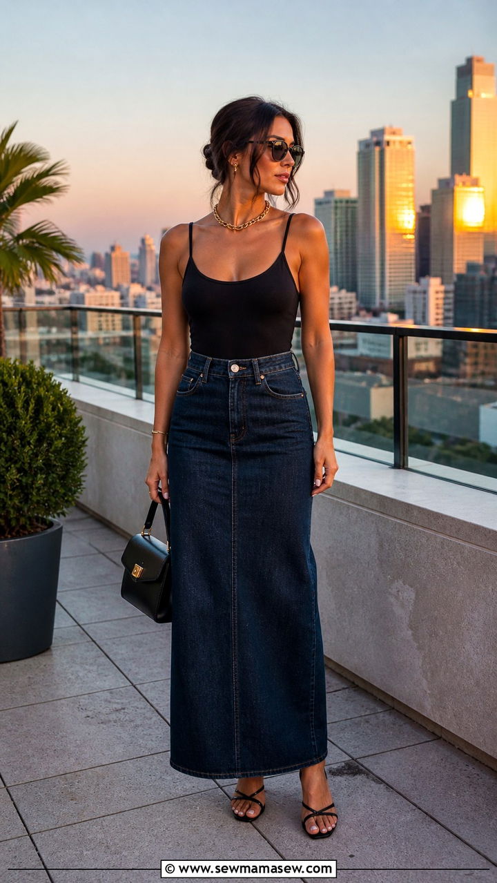 Denim Maxi Skirt With Black Bodysuit - 40 Summer denim outfits