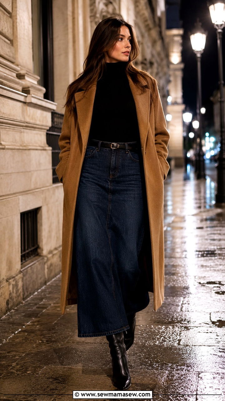 Denim Maxi Skirt With Black Turtleneck and Knee High Boots - 20 how to style denim maxi skirt