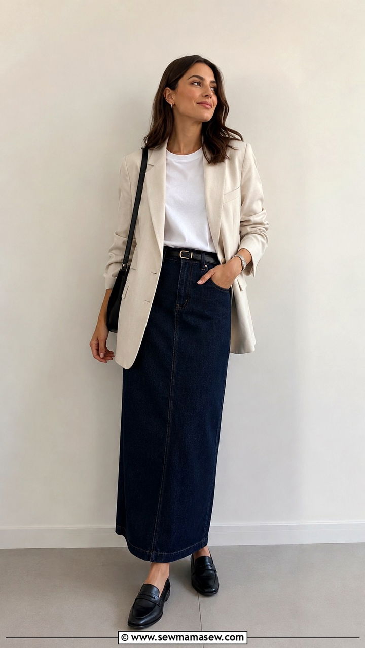 Denim Maxi Skirt With Blazer Outfit - 30 Office outfits for Gen Z