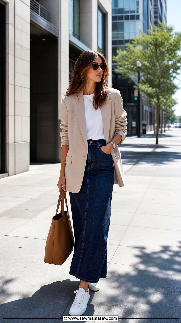 Denim Maxi Skirt With Blazer - 35 maxi skirt outfits inspo