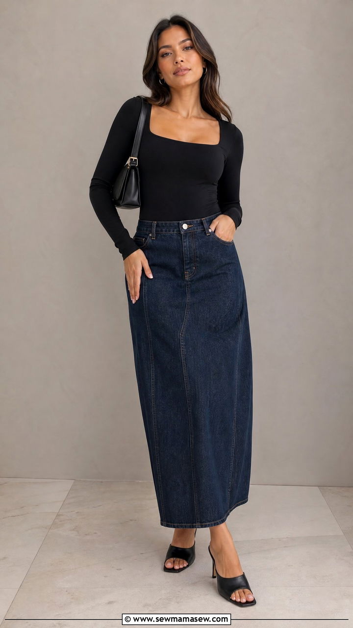 Denim Maxi Skirt With Bodysuit and Heeled Mules - 25 chic denim maxi skirt outfit ideas