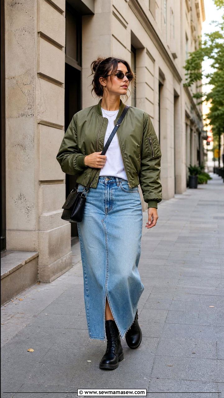 Denim Maxi Skirt With Bomber Jacket Outfit - 25 chic denim maxi skirt outfit ideas