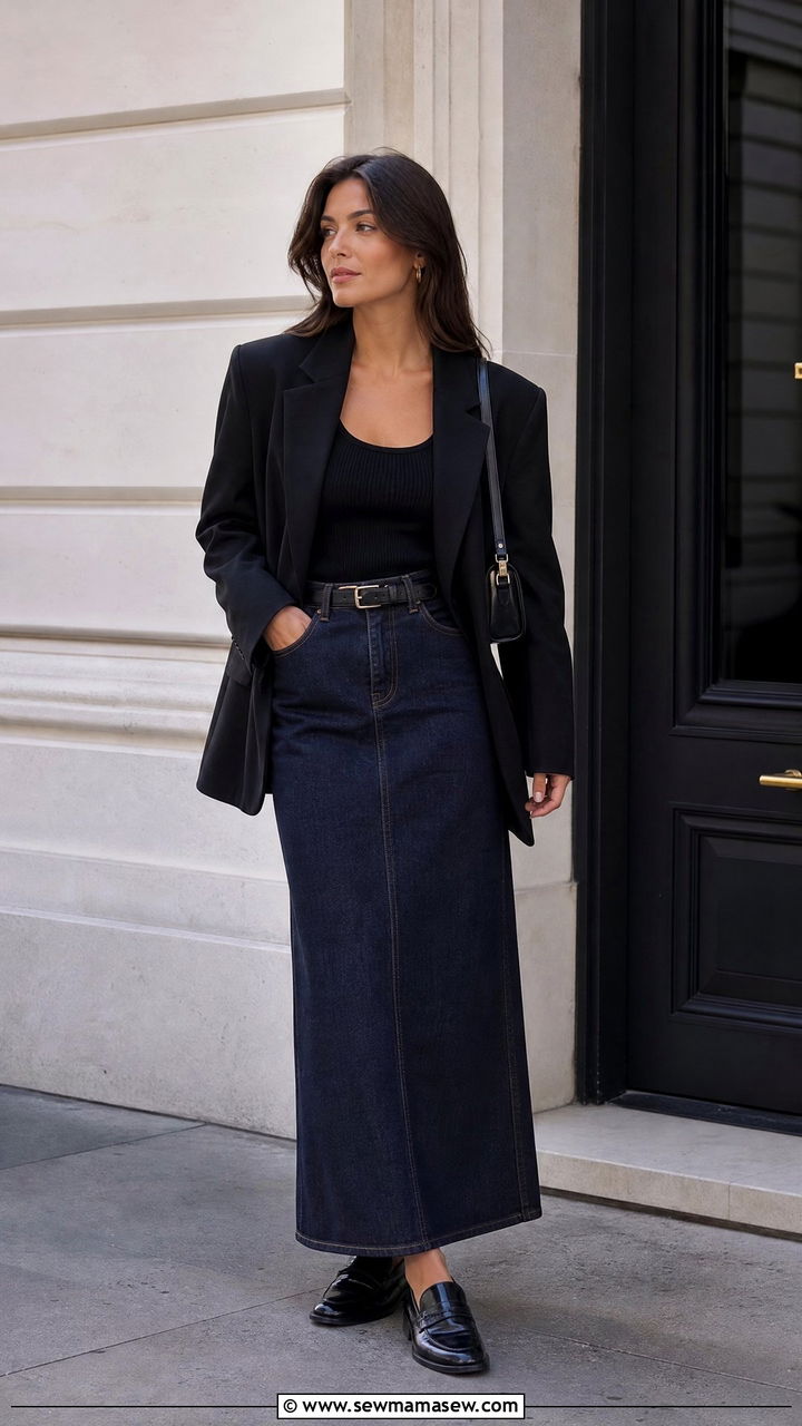 Denim Maxi Skirt With Boxy Blazer And Loafers - 30 casual denim maxi skirt outfits