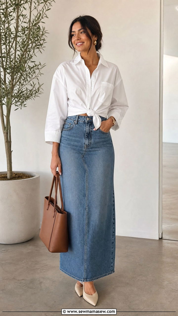 Denim Maxi Skirt With Button Down Shirt Outfit - 25 chic denim maxi skirt outfit ideas