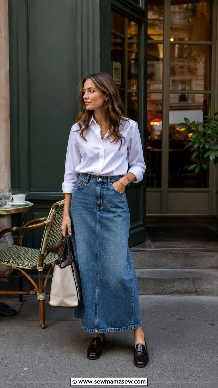 Denim Maxi Skirt With ButtonDown Shirt And Loafers - 30 casual denim maxi skirt outfits