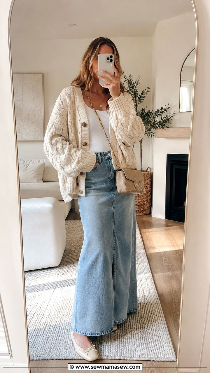 Denim Maxi Skirt With Cable Knit Cardigan And Ballet Flats - 30 casual denim maxi skirt outfits