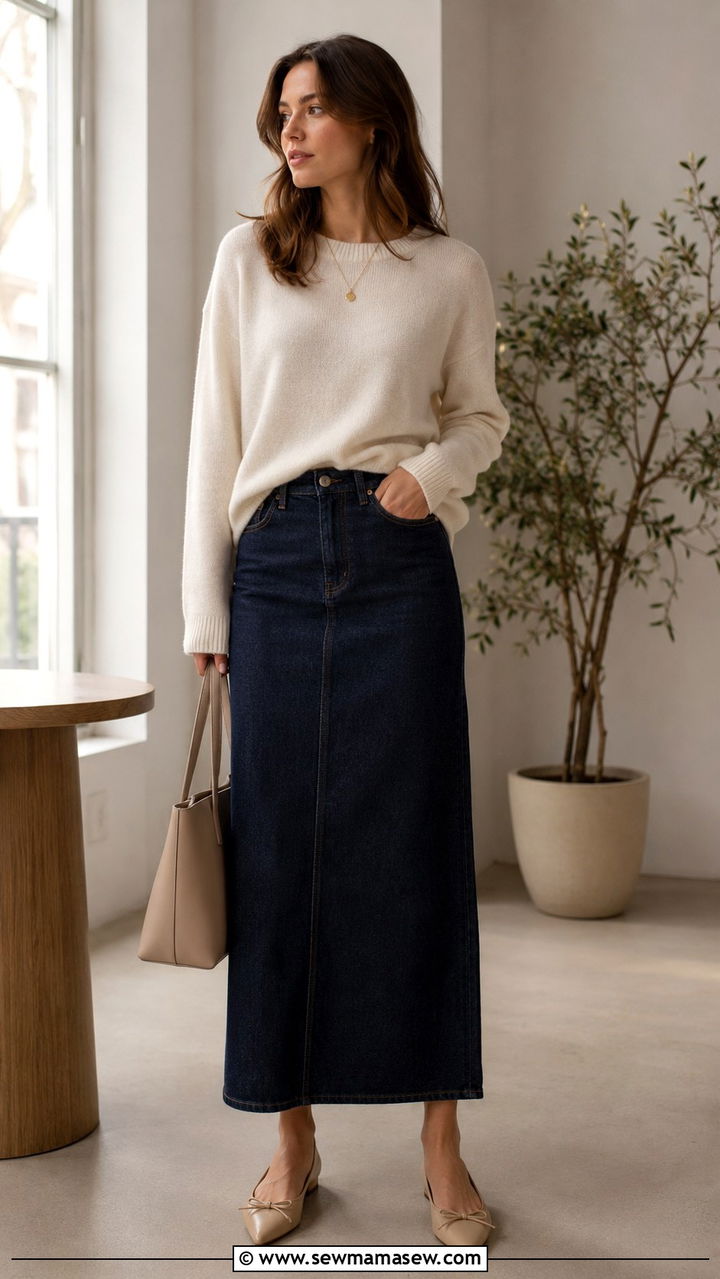 Denim Maxi Skirt With Cashmere Sweater - 30 Modest outfit ideas minimalist