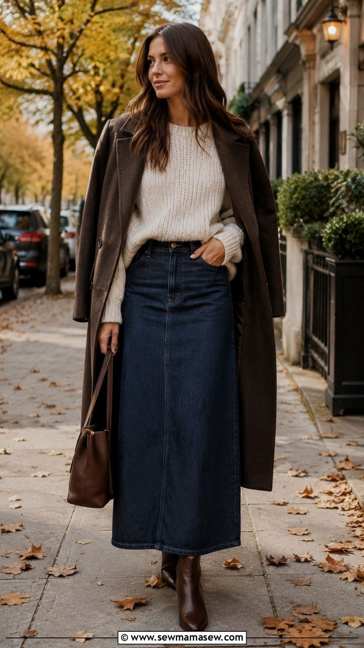 Denim Maxi Skirt With Chunky Knit Sweater and Ankle Boots - 20 how to style denim maxi skirt