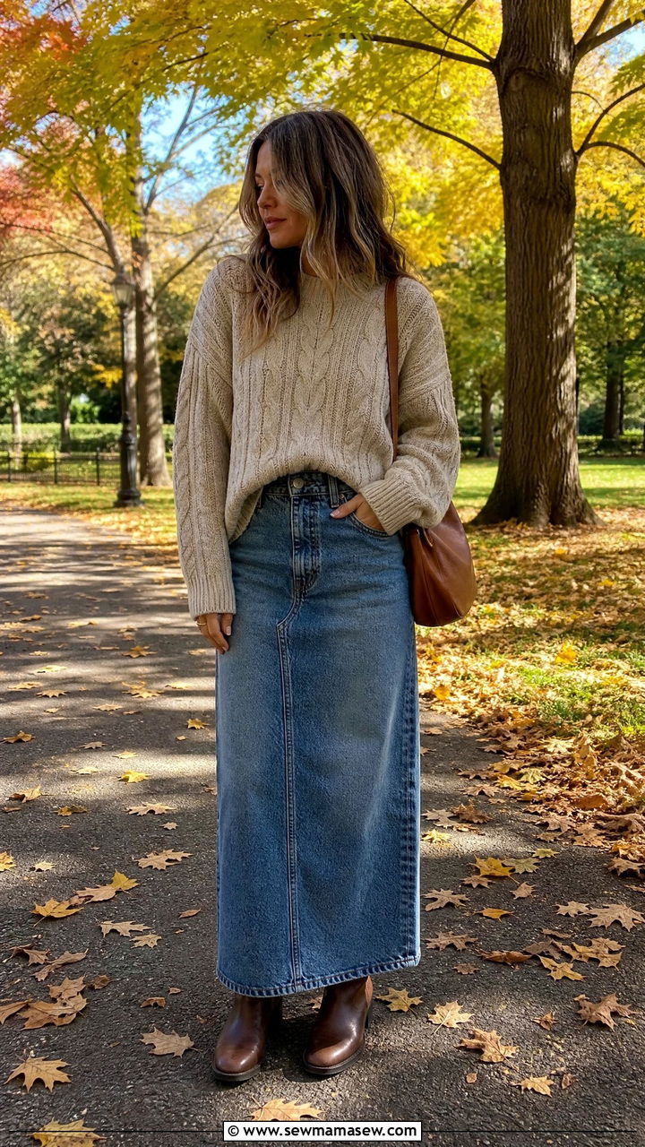Denim Maxi Skirt With Chunky Sweater Outfit - 25 chic denim maxi skirt outfit ideas