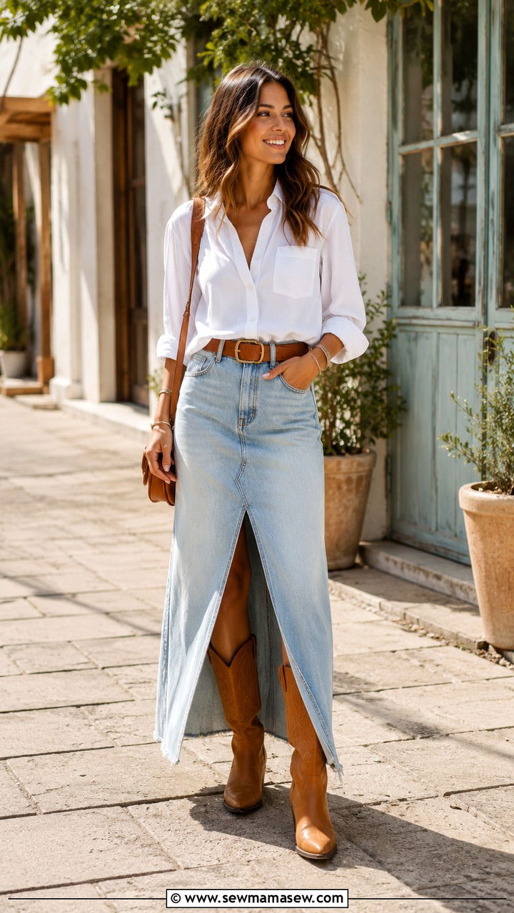 Denim Maxi Skirt With Cowboy Boots Outfit - 30 Maxi skirt outfit ideas with boots