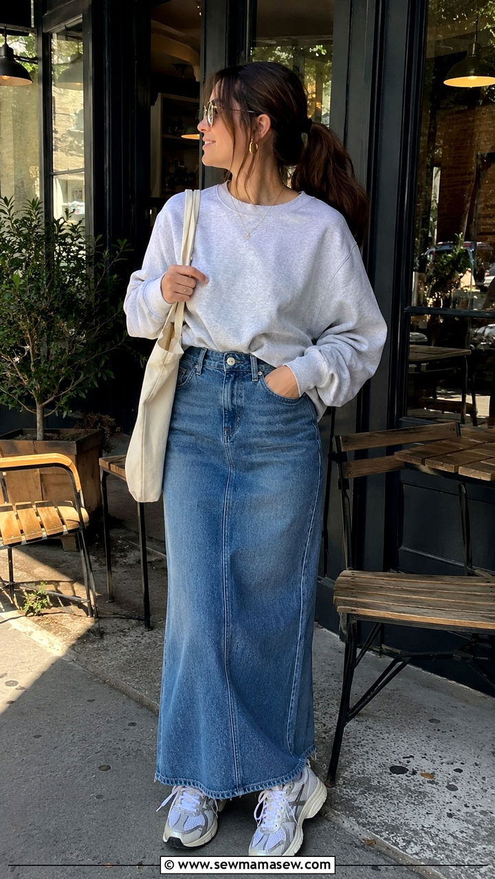 Denim Maxi Skirt With Crewneck Sweatshirt And Dad Sneakers - 30 casual denim maxi skirt outfits