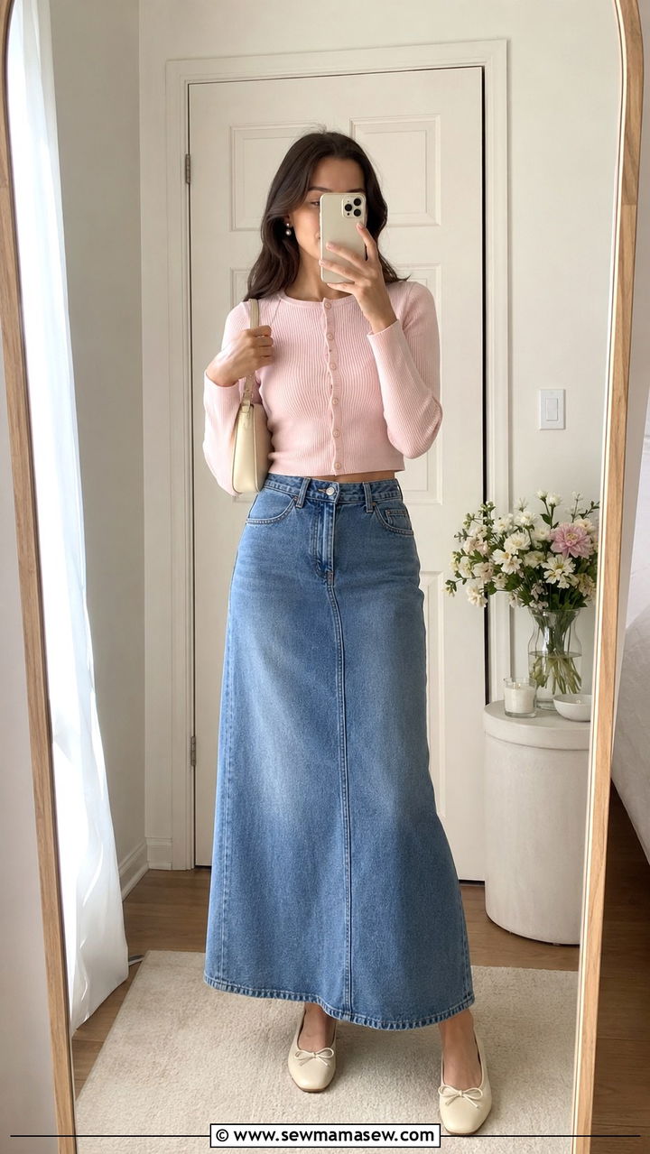 Denim Maxi Skirt With Cropped Cardigan and Ballet Flats - 20 how to style denim maxi skirt