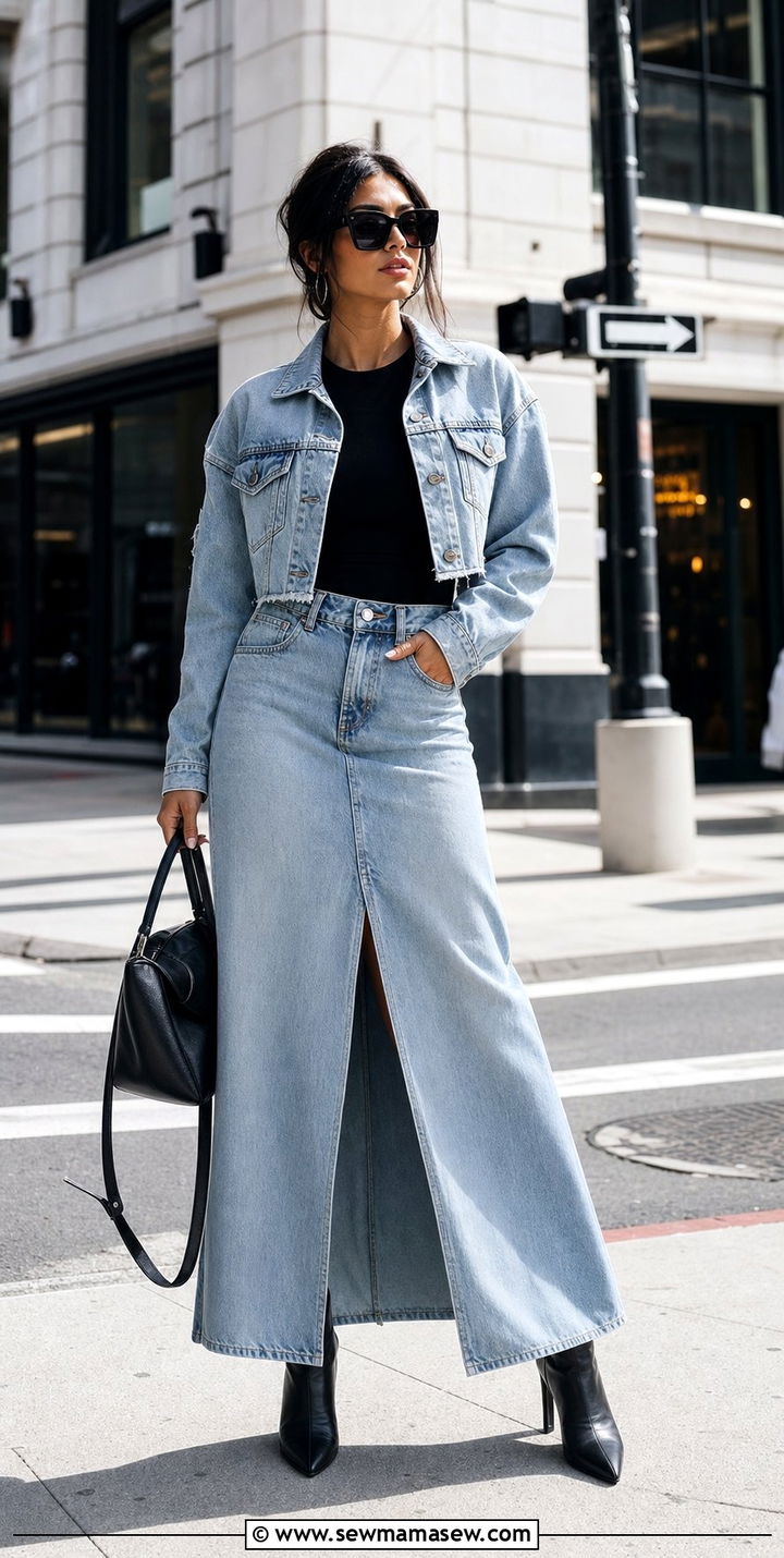 Denim Maxi Skirt With Cropped Denim Jacket Outfit - 25 Spring outfit templates