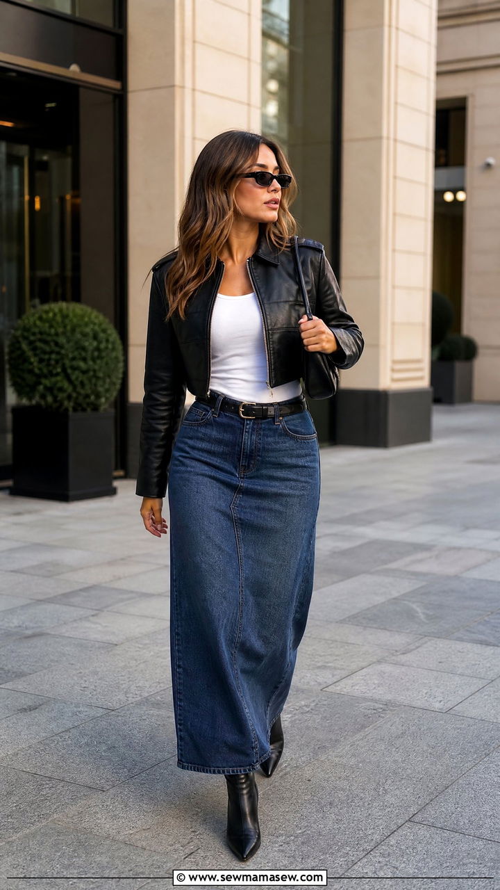 Denim Maxi Skirt With Cropped Jacket Outfit - 25 how to style denim skirt